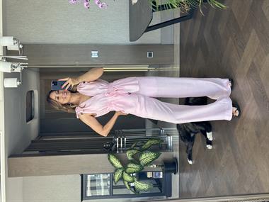 Pembe Omzu Ve Önü Bağcıklı Bluz Pantolon Kadın İkili Takım