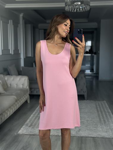 Pembe Ön Arka U Yaka  Basic Mini Kadın Elbise