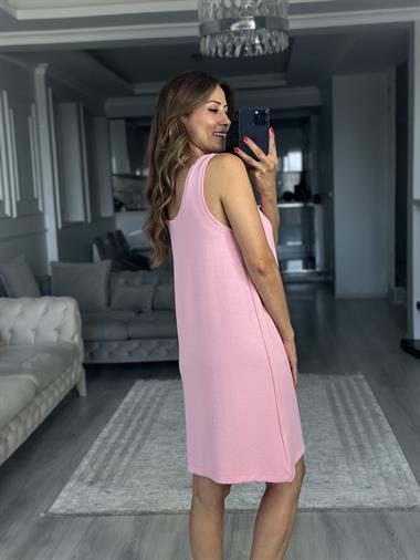 Pembe Ön Arka U Yaka  Basic Mini Kadın Elbise