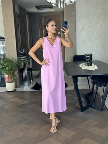 Pembe Önü V Yaka Sıfır Kol Kadın Keten Elbise 