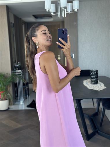 Pembe Önü V Yaka Sıfır Kol Kadın Keten Elbise 