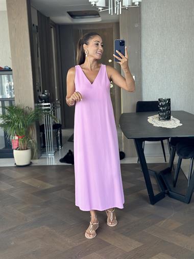 Pembe Önü V Yaka Sıfır Kol Kadın Keten Elbise 