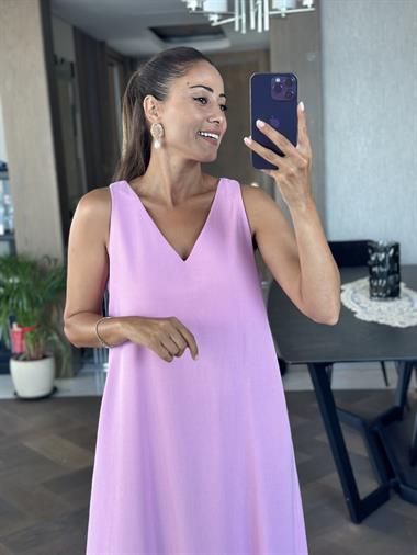 Pembe Önü V Yaka Sıfır Kol Kadın Keten Elbise 