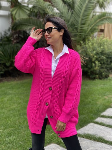 Pembe Örgü Detay Düğmeli Triko Kadın Hırka