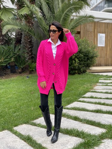 Pembe Örgü Detay Düğmeli Triko Kadın Hırka