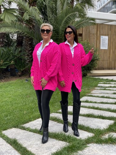 Pembe Örgü Detay Düğmeli Triko Kadın Hırka