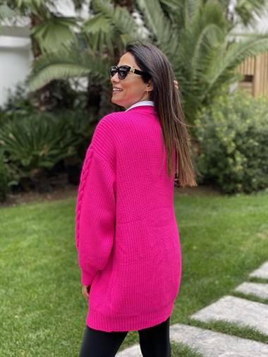 Pembe Örgü Detay Düğmeli Triko Kadın Hırka