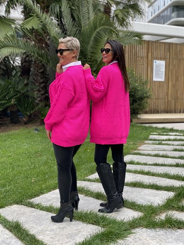 Pembe Örgü Detay Düğmeli Triko Kadın Hırka