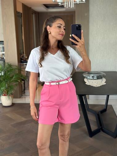 Pembe Orjinal Marka Kemerli Cepli Atlas Kumaş Kadın Şort