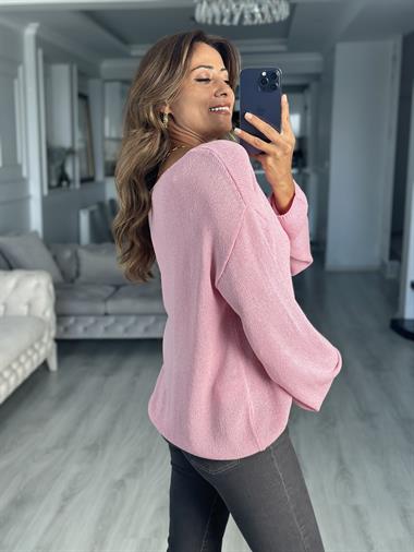 Pembe Oval Yaka Uzun Kol Kadın Triko Kazak