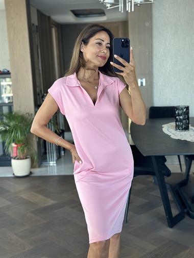 Pembe Polo Yaka Sıfır Kol Modal Midi Boy Kadın Elbise 