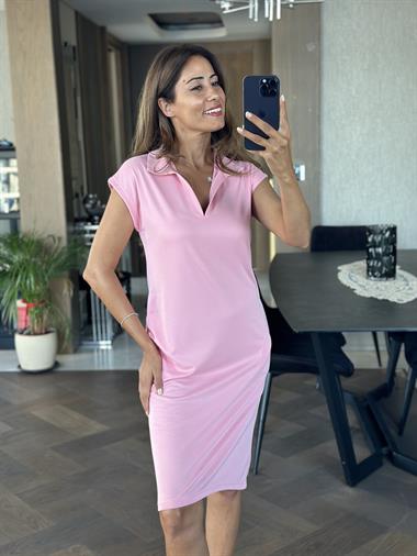 Pembe Polo Yaka Sıfır Kol Modal Midi Boy Kadın Elbise 