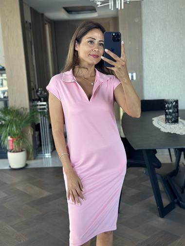 Pembe Polo Yaka Sıfır Kol Modal Midi Boy Kadın Elbise 