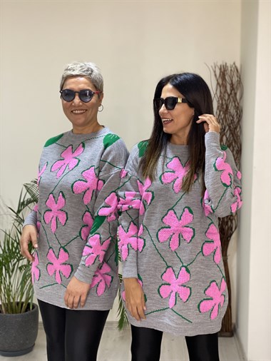 Pembe  Papatya Kabartmalı Bisiklet Yaka Triko Kadın Kazak