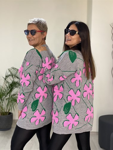 Pembe  Papatya Kabartmalı Bisiklet Yaka Triko Kadın Kazak