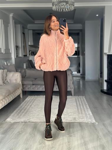 Pembe Peluş Fermuarlı  Kadın Sweatshirt
