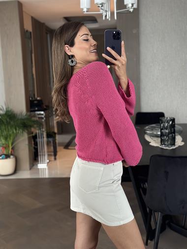 Pembe Petek Dokulu Bisiklet Yaka Triko Kadın Kazak