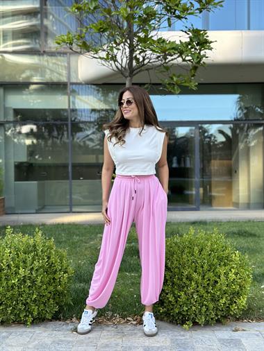 Pembe Pileli Bağcıklı Kadın Şalvar  Pantolon