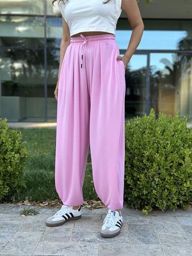 Pembe Pileli Bağcıklı Kadın Şalvar  Pantolon