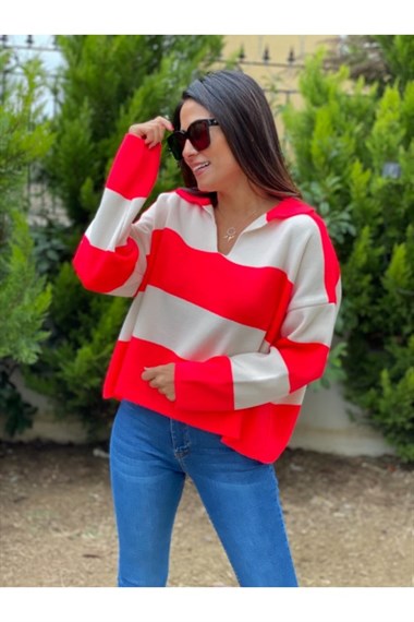 Pembe Polo Yaka Çizgili Kazak