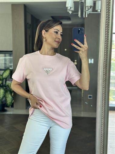 Pembe Prd Üçgen Logolu Bisiklet Yaka Kadın T-Shirt