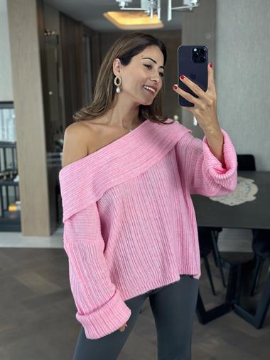 Pembe Şal Yaka Fitilli Kadın Triko Kazak