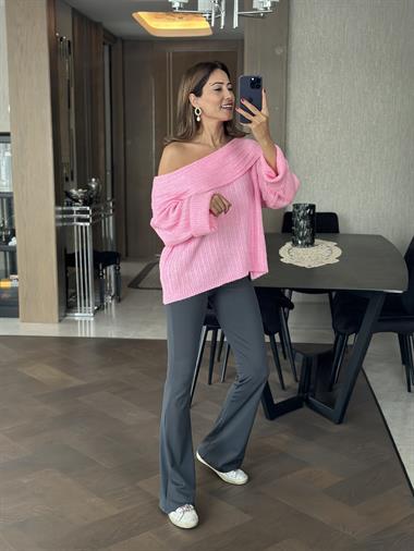Pembe Şal Yaka Fitilli Kadın Triko Kazak