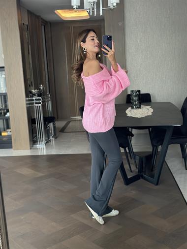 Pembe Şal Yaka Fitilli Kadın Triko Kazak