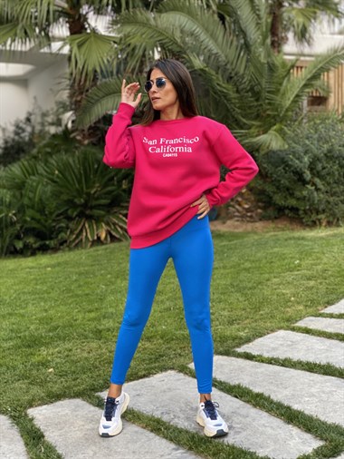 Pembe San Bisiklet Yaka Kadın Sweatshirt