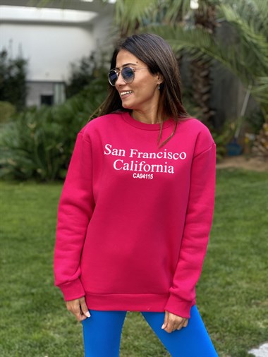 Pembe San Bisiklet Yaka Kadın Sweatshirt