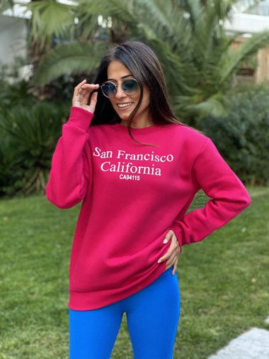 Pembe San Bisiklet Yaka Kadın Sweatshirt