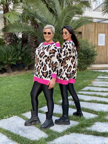 Pembe Şerit Detay Leopar Kadın Kazak