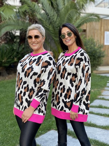 Pembe Şerit Detay Leopar Kadın Kazak