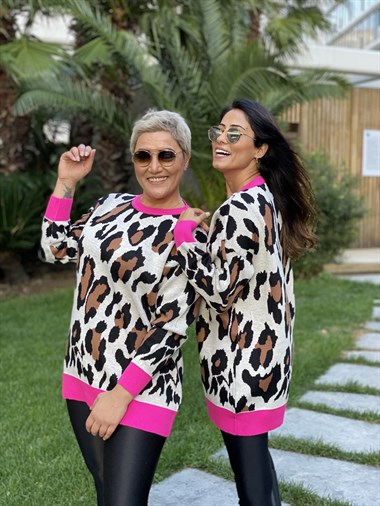 Pembe Şerit Detay Leopar Kadın Kazak