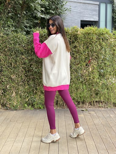 Pembe Şerit Detaylı Düğmeli Kadın Hırka