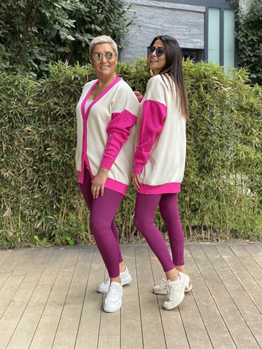 Pembe Şerit Detaylı Düğmeli Kadın Hırka