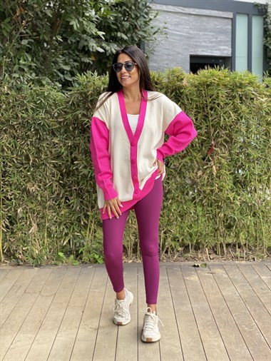 Pembe Şerit Detaylı Düğmeli Kadın Hırka