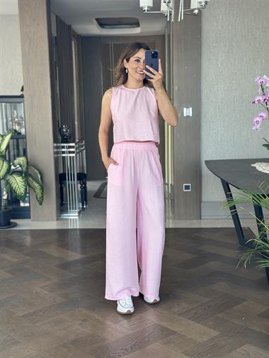Pembe Sıfır Kol Arkası Bağcıklı Bluz Pantolon Kadın İkili Takım