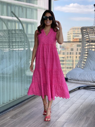 Pembe Sıfır Kol Hakim Yaka Brodeli Kadın Elbise