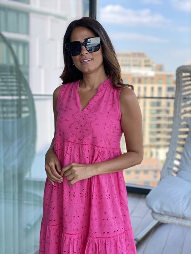 Pembe Sıfır Kol Hakim Yaka Brodeli Kadın Elbise