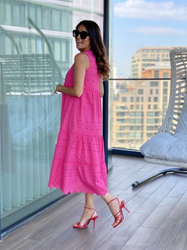 Pembe Sıfır Kol Hakim Yaka Brodeli Kadın Elbise