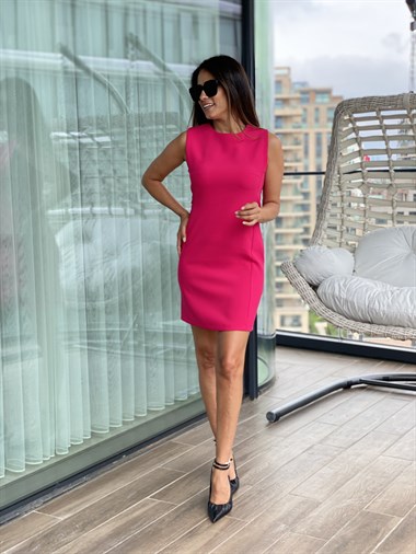 Pembe Sıfır Kol Sırt Fermuarlı Atlas Elbise