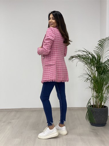 Pembe Simli Eteği Püsküllü Tüvit Kadın Ceket