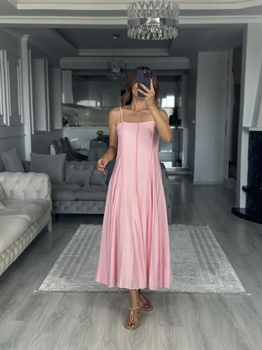 Pembe Straplez Yaka İnce Askılı Midi Boy Kadın Elbise