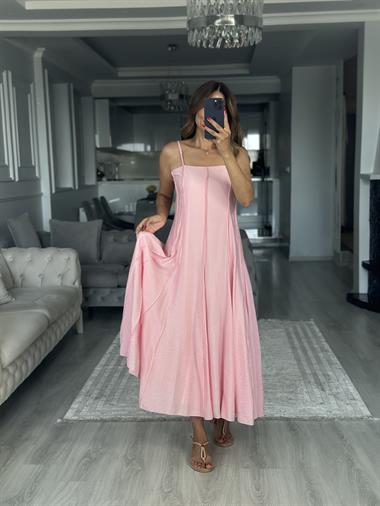 Pembe Straplez Yaka İnce Askılı Midi Boy Kadın Elbise