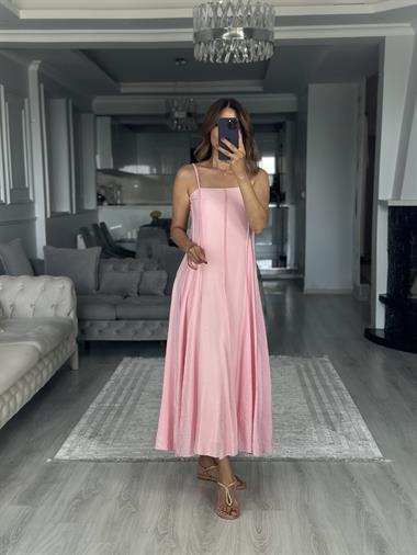 Pembe Straplez Yaka İnce Askılı Midi Boy Kadın Elbise