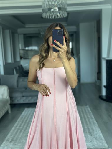 Pembe Straplez Yaka İnce Askılı Midi Boy Kadın Elbise