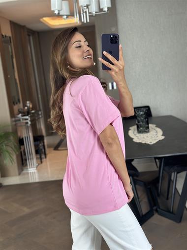 Pembe Sunday Yazı Baskılı Bisiklet Yaka Oversize T-Shirt