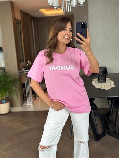 Pembe Sunday Yazı Baskılı Bisiklet Yaka Oversize T-Shirt