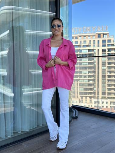 Pembe Tek Cepli Dokulu Salaş Kadın Gömlek